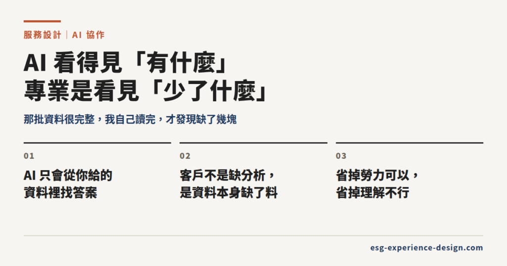AI 看得見「有什麼」，專業是看見「少了什麼」