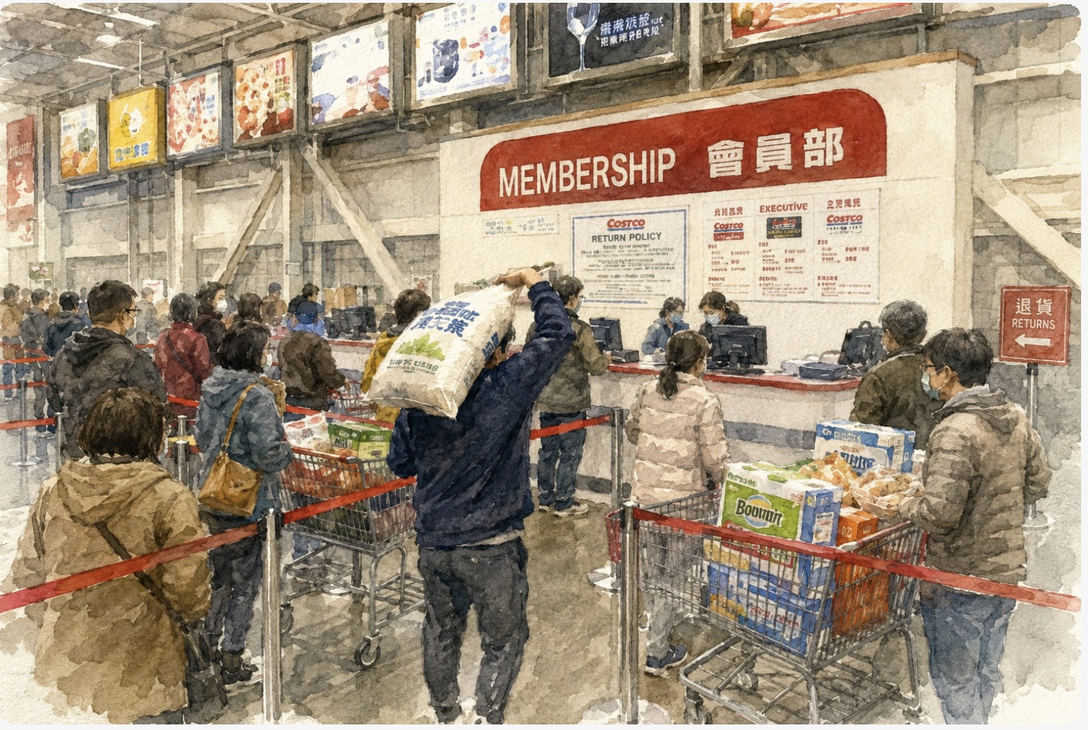 好市多退貨區排隊,一位大哥扛著一整包米,旁邊有人推著半車商品